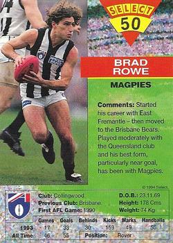 1994 Select AFL #50 Brad Rowe Back